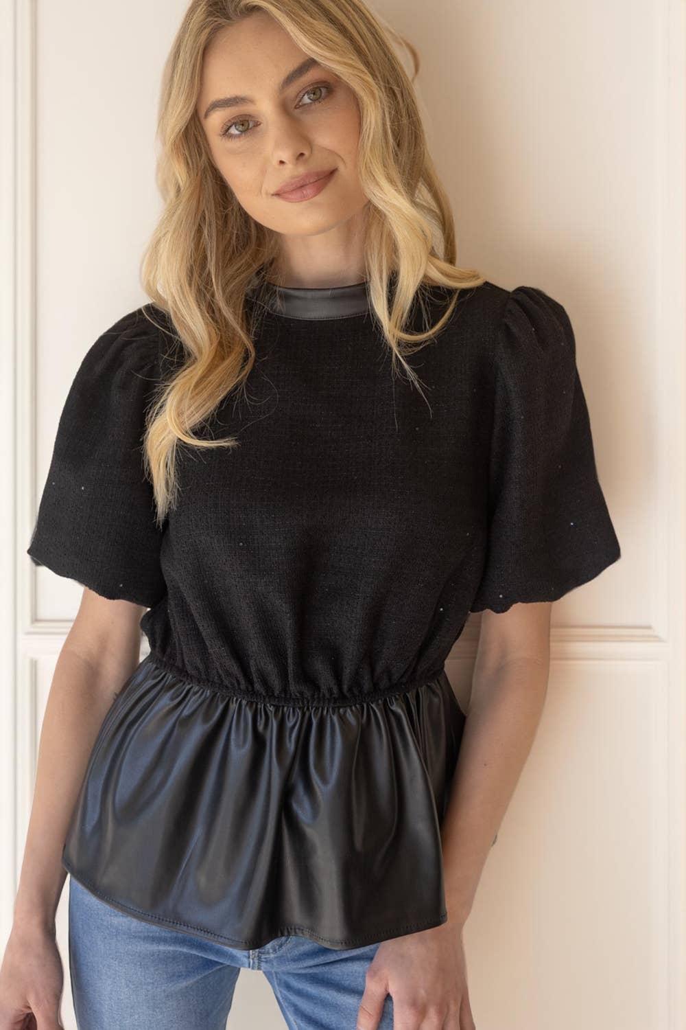 Tweed and Faux Leather Mixed Peplum Top