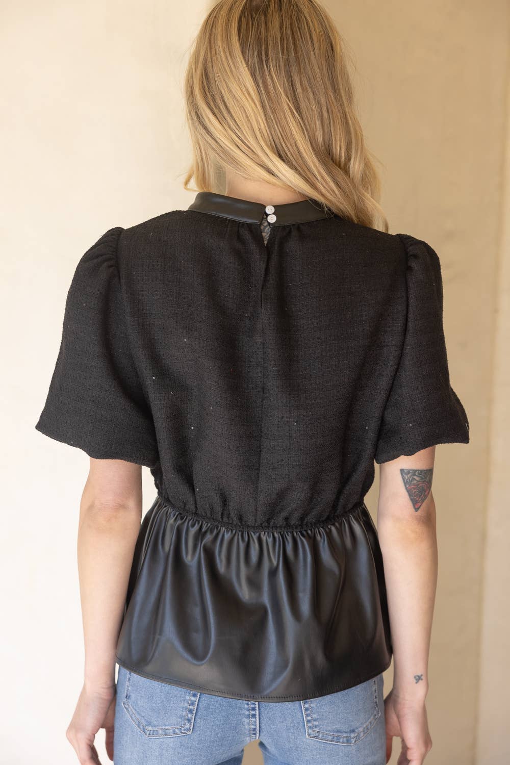 Tweed and Faux Leather Mixed Peplum Top