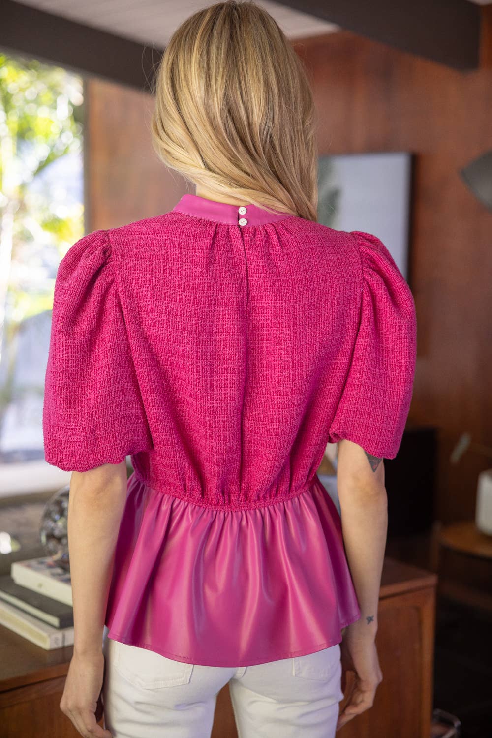 Tweed and Faux Leather Mixed Peplum Top