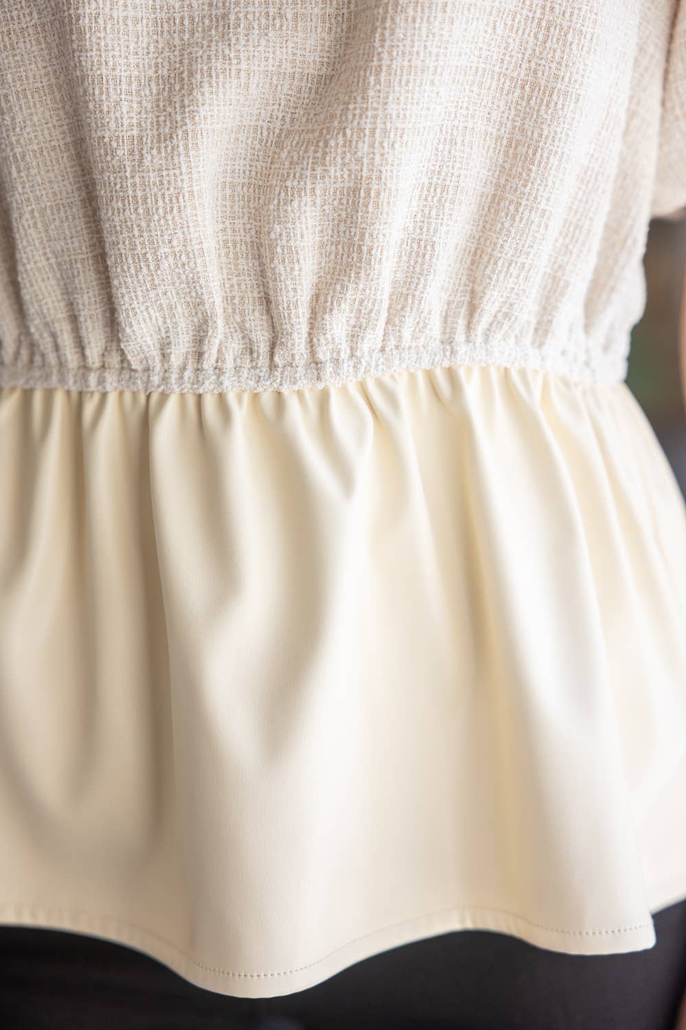 Tweed and Faux Leather Mixed Peplum Top