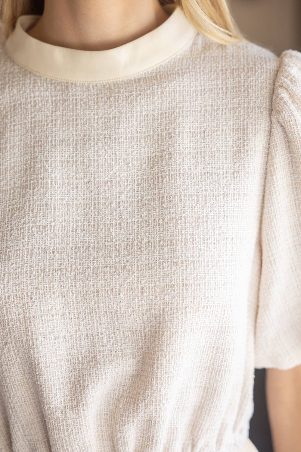 Tweed and Faux Leather Mixed Peplum Top