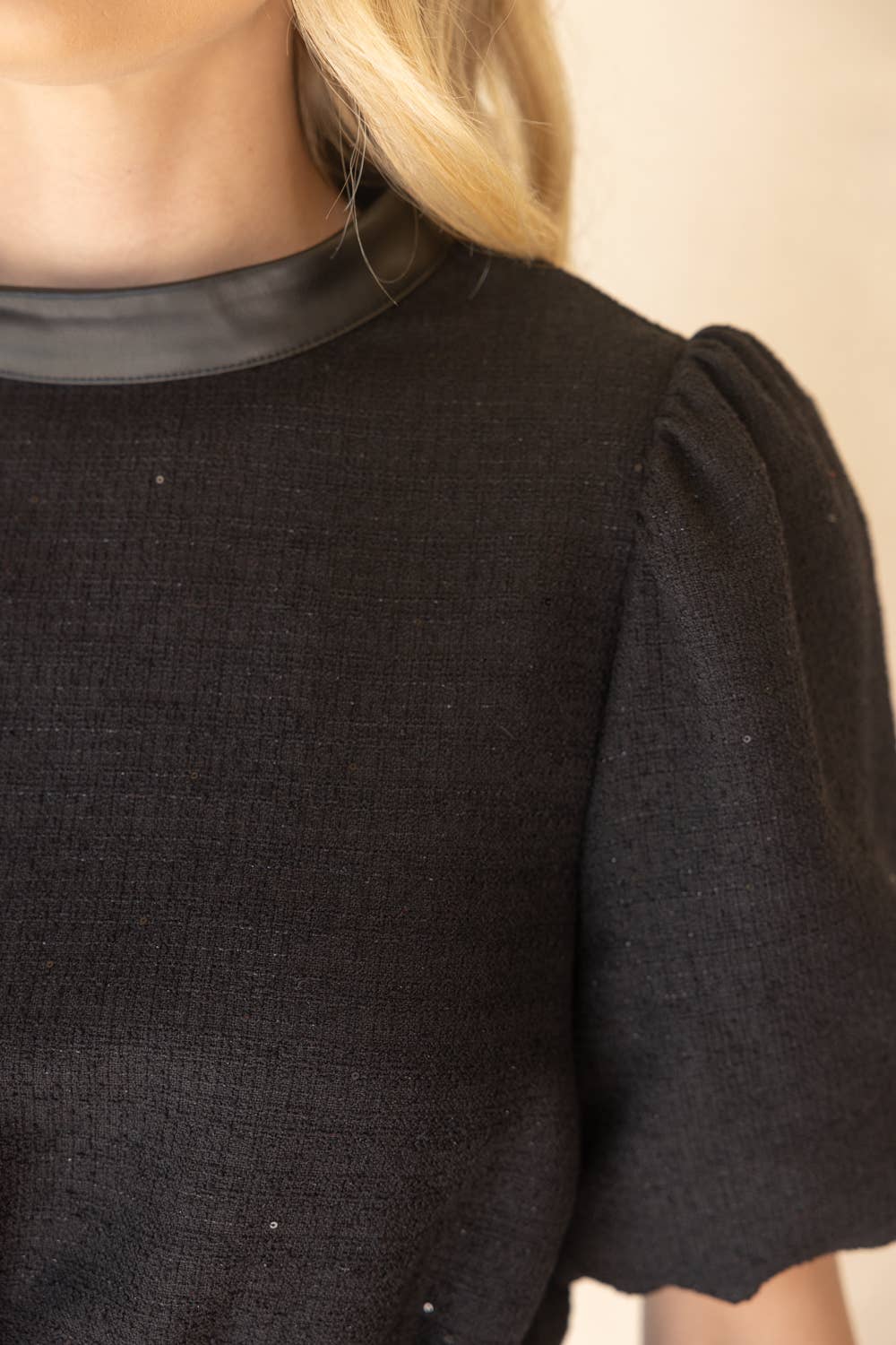 Tweed and Faux Leather Mixed Peplum Top