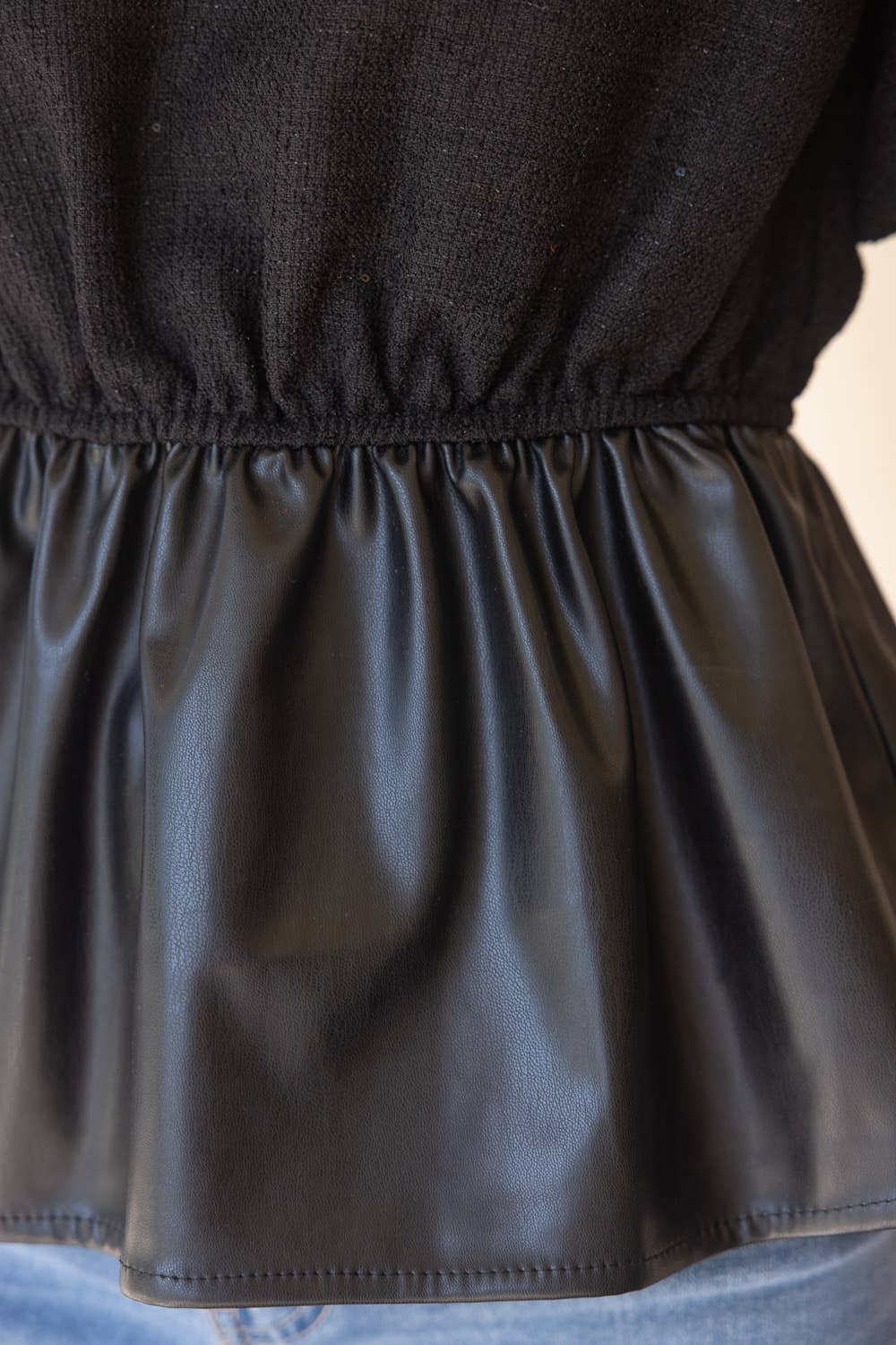 Tweed and Faux Leather Mixed Peplum Top