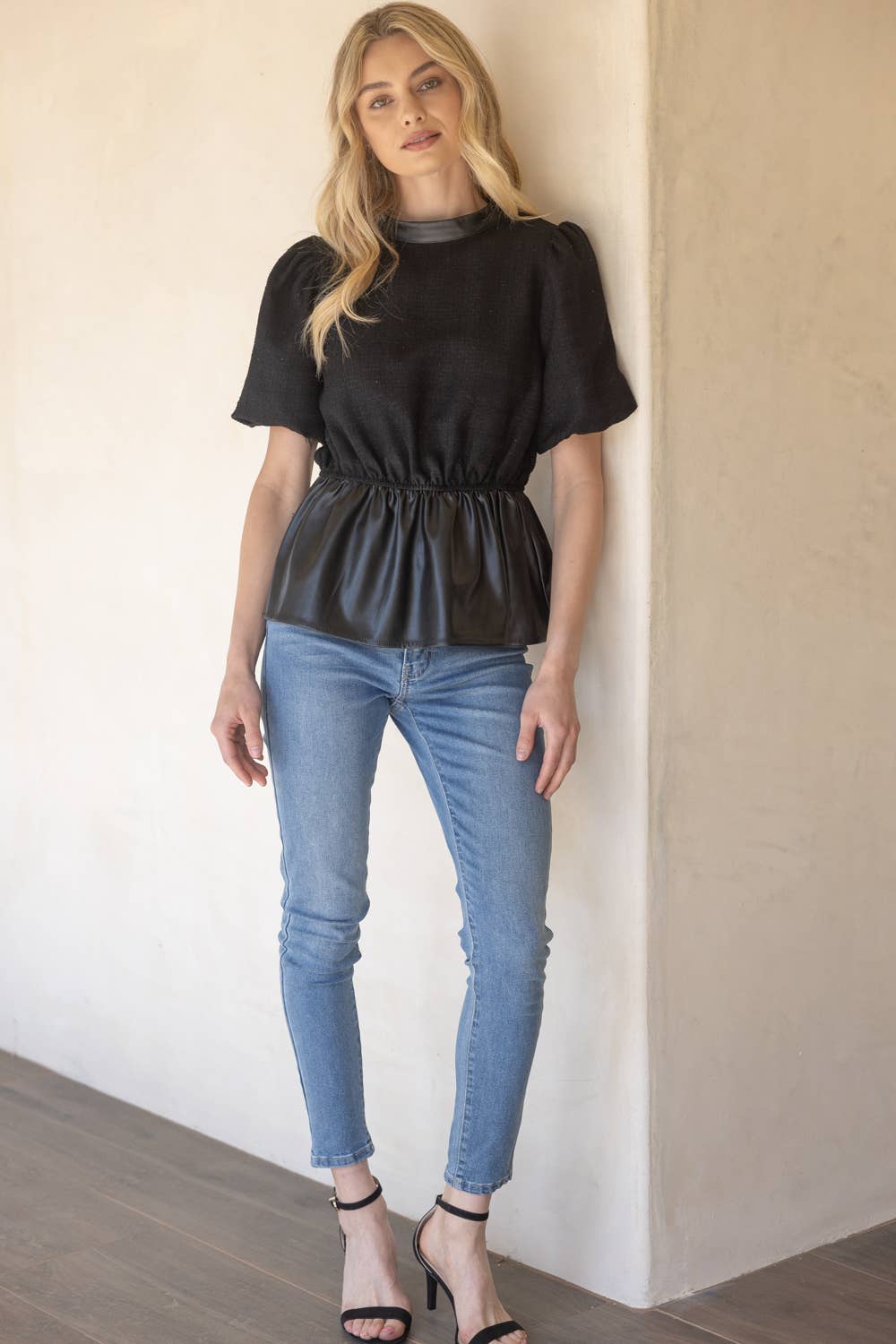 Tweed and Faux Leather Mixed Peplum Top