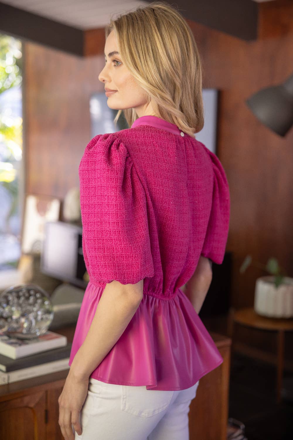 Tweed and Faux Leather Mixed Peplum Top