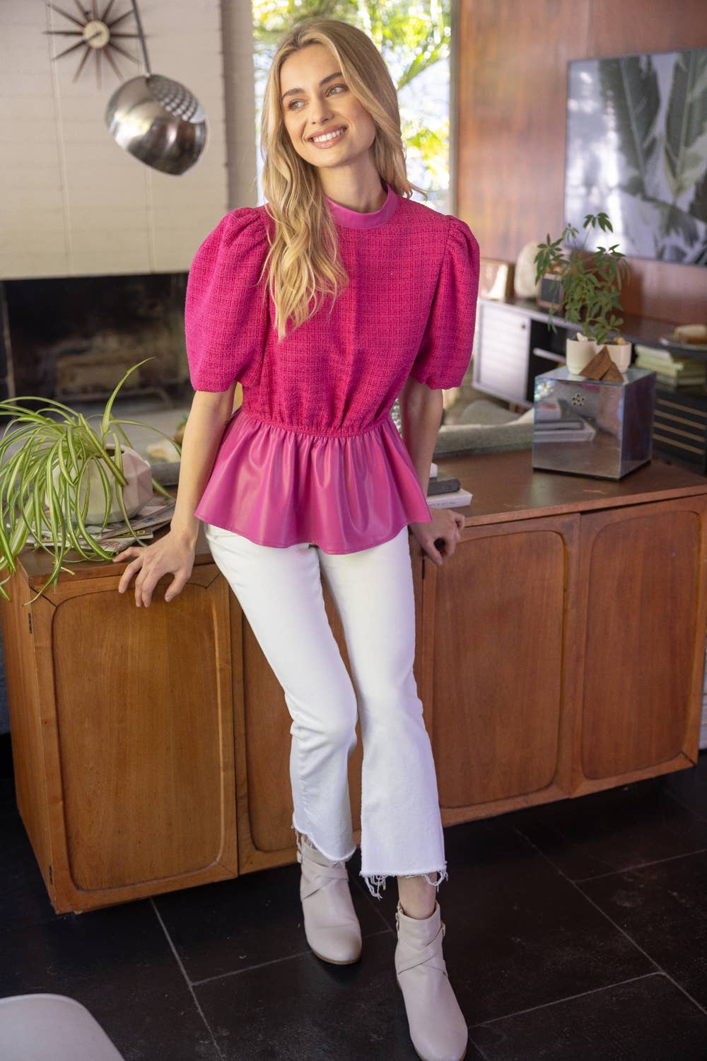 Tweed and Faux Leather Mixed Peplum Top