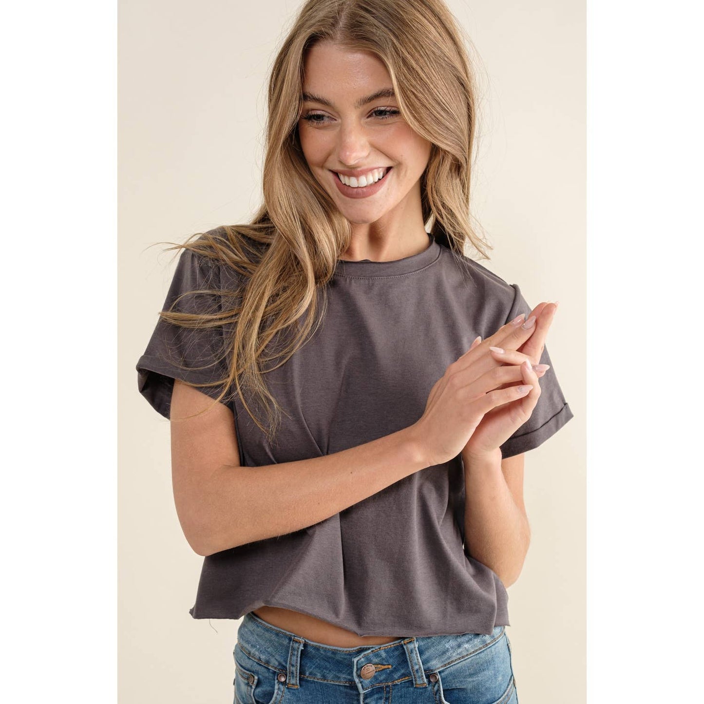 Distressed Edge Crop Tee-Charcoal