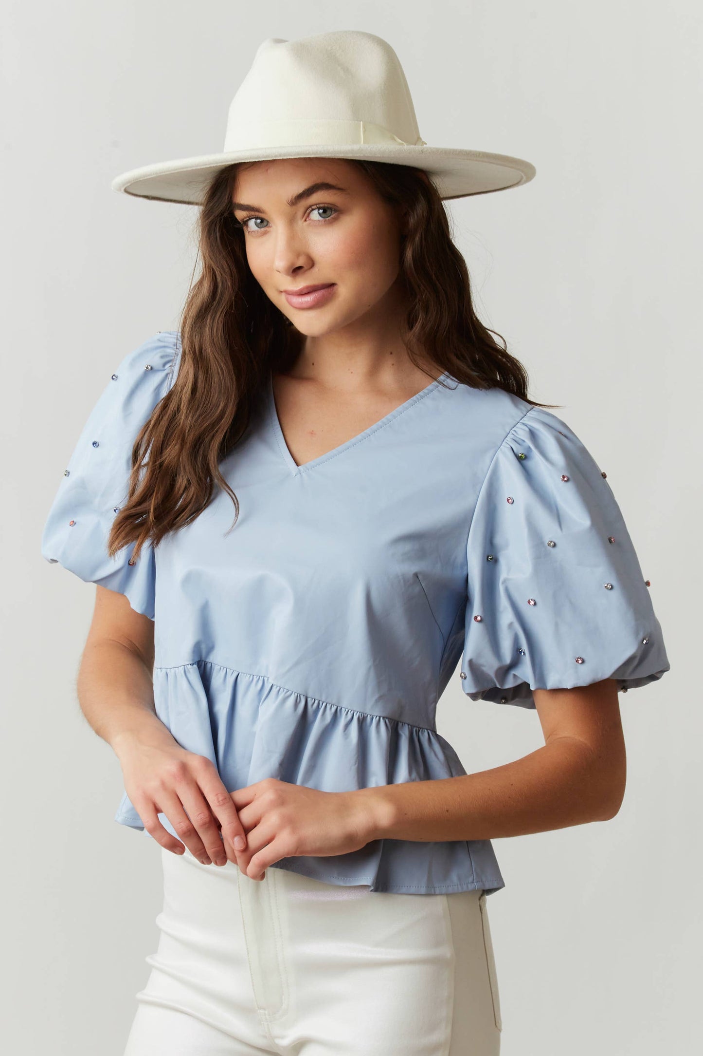 Faux Leather Jewel Studded Peplum Blouse