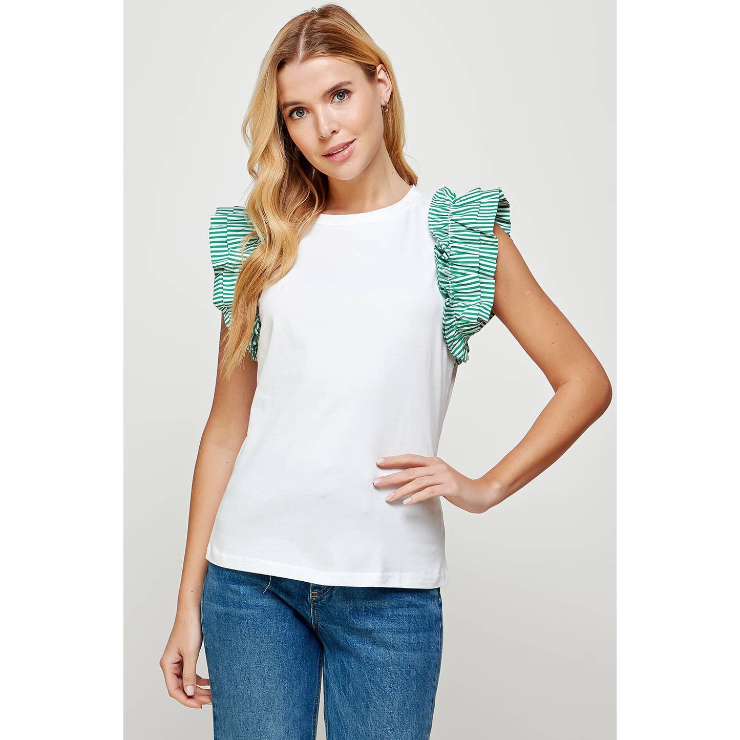 Ruffled and Striped Contrast Knit Top