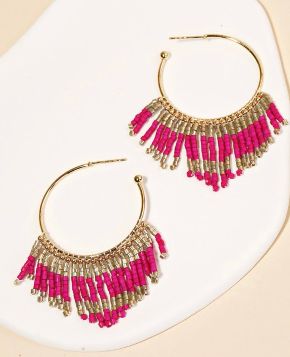 Fuschia Beaded Fringe Earrings