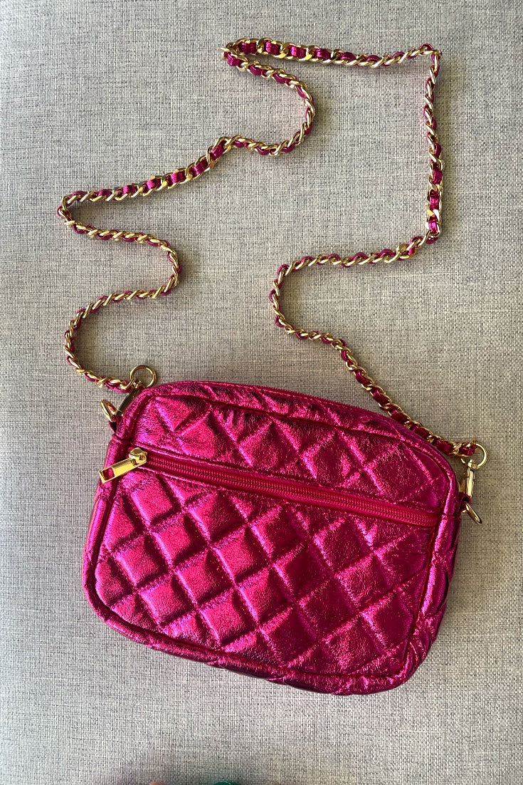 Hot Pink Metallic Quilted Crossbody Bag- FINAL SALE