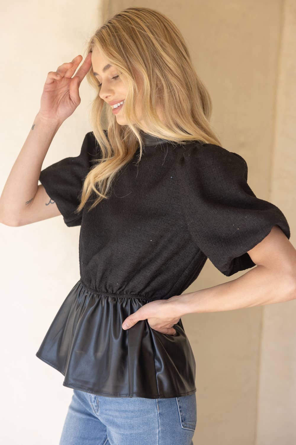 Tweed and Faux Leather Mixed Peplum Top