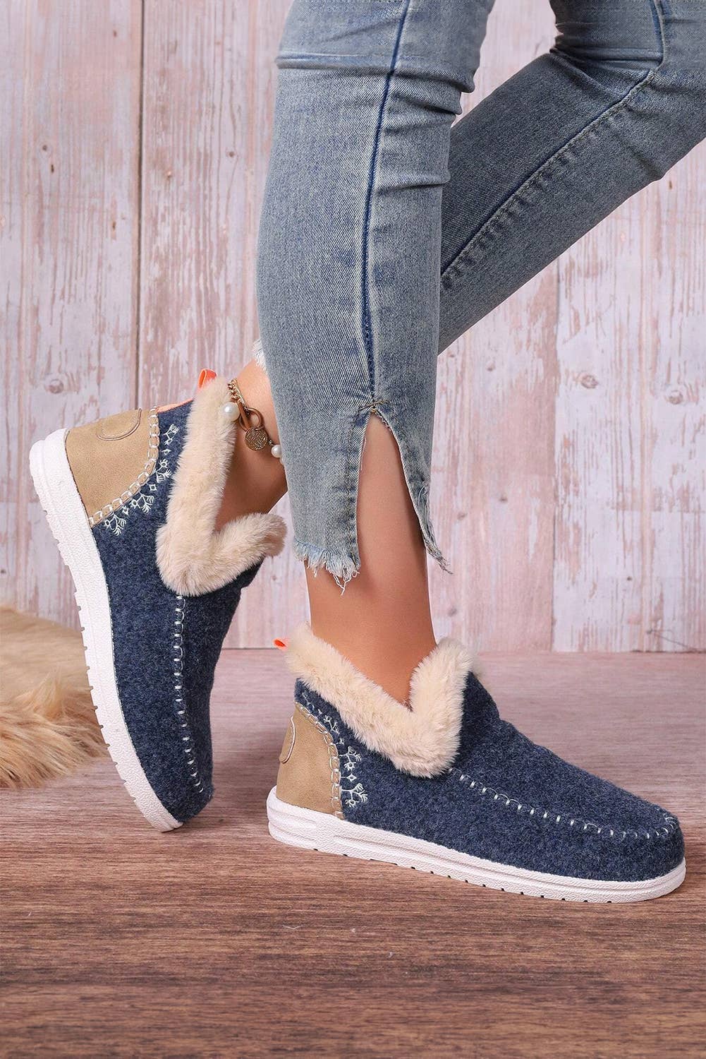 Suede Stitching Patchwork Plush Lined Anklet Boots: Beige / (US 8)39