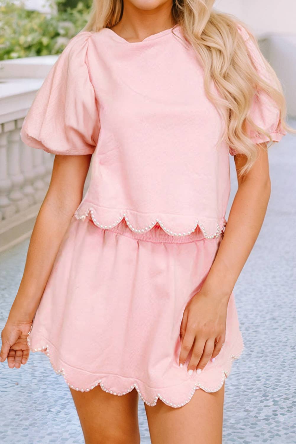 Puff Sleeve Pearl Beaded Scallop Trim Skort Set