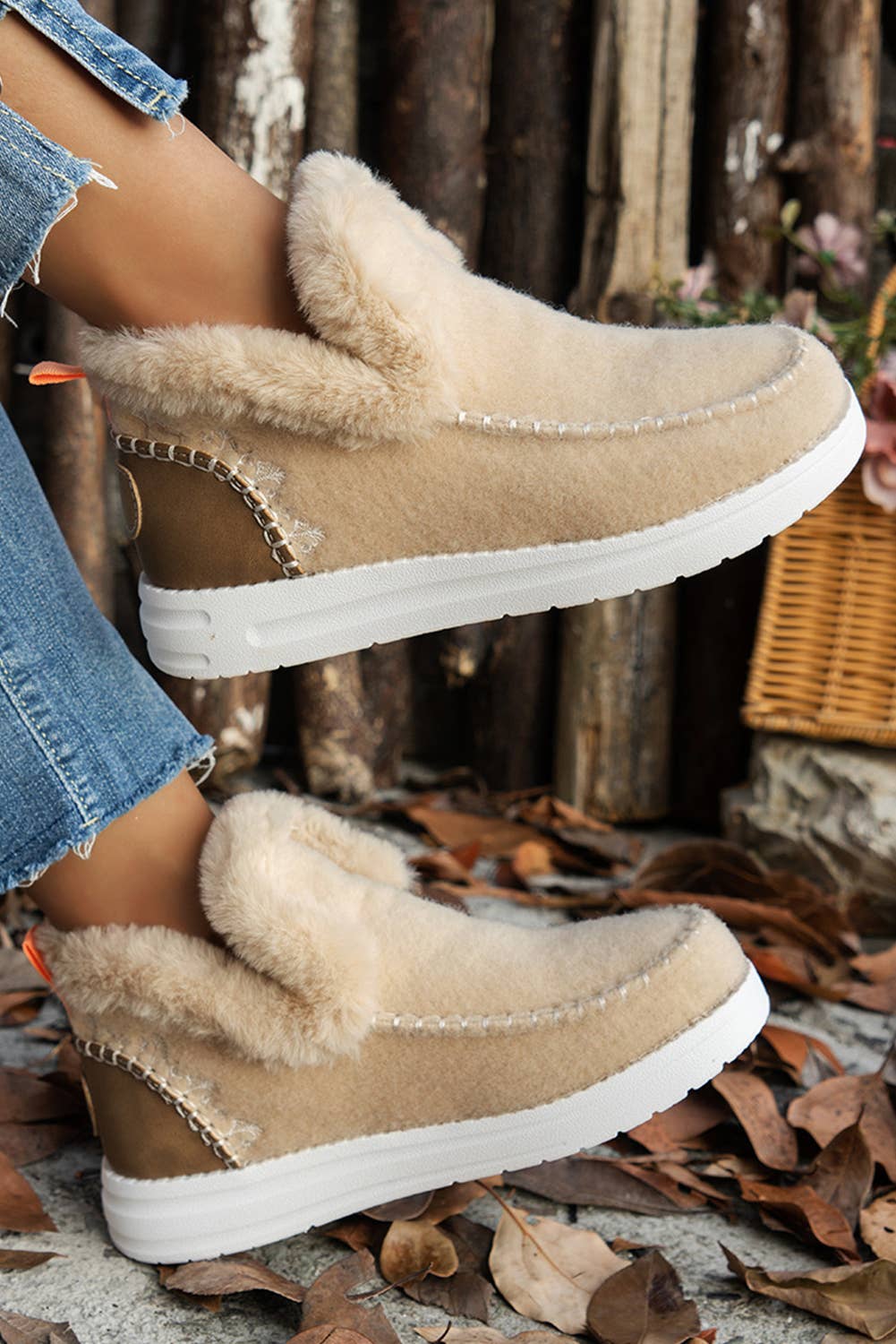 Suede Stitching Patchwork Plush Lined Anklet Boots: Beige / (US 8)39