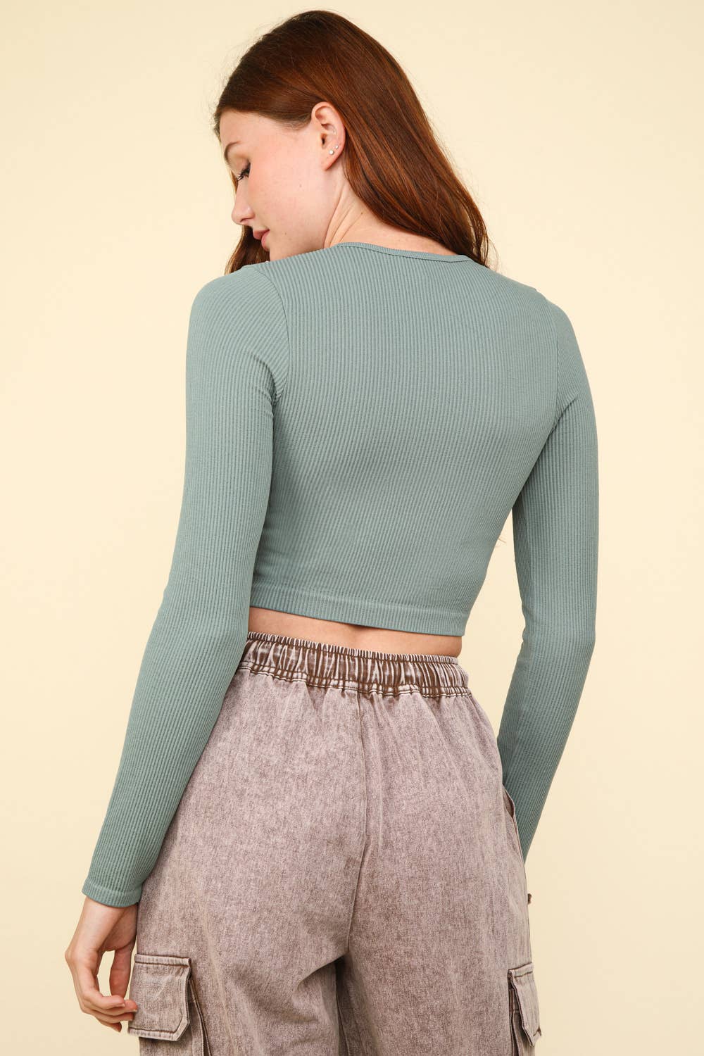 Casual Fitted Crop Henley Knit Top- Sage