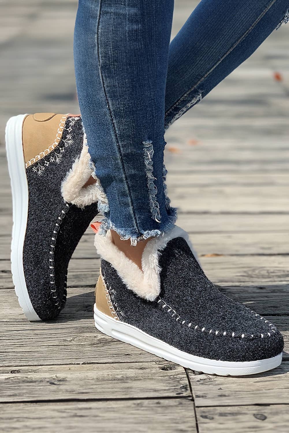 Suede Stitching Patchwork Plush Lined Anklet Boots: Beige / (US 8)39