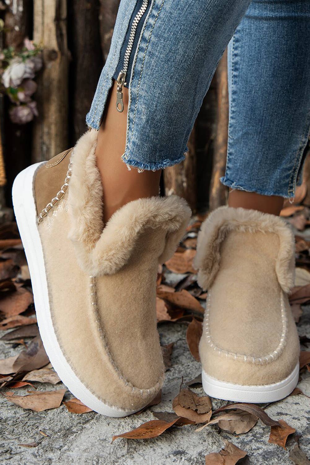 Suede Stitching Patchwork Plush Lined Anklet Boots: Beige / (US 8)39