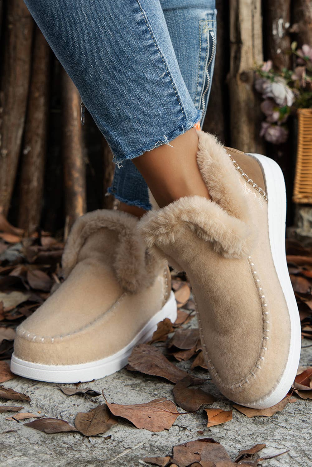 Suede Stitching Patchwork Plush Lined Anklet Boots: Beige / (US 8)39