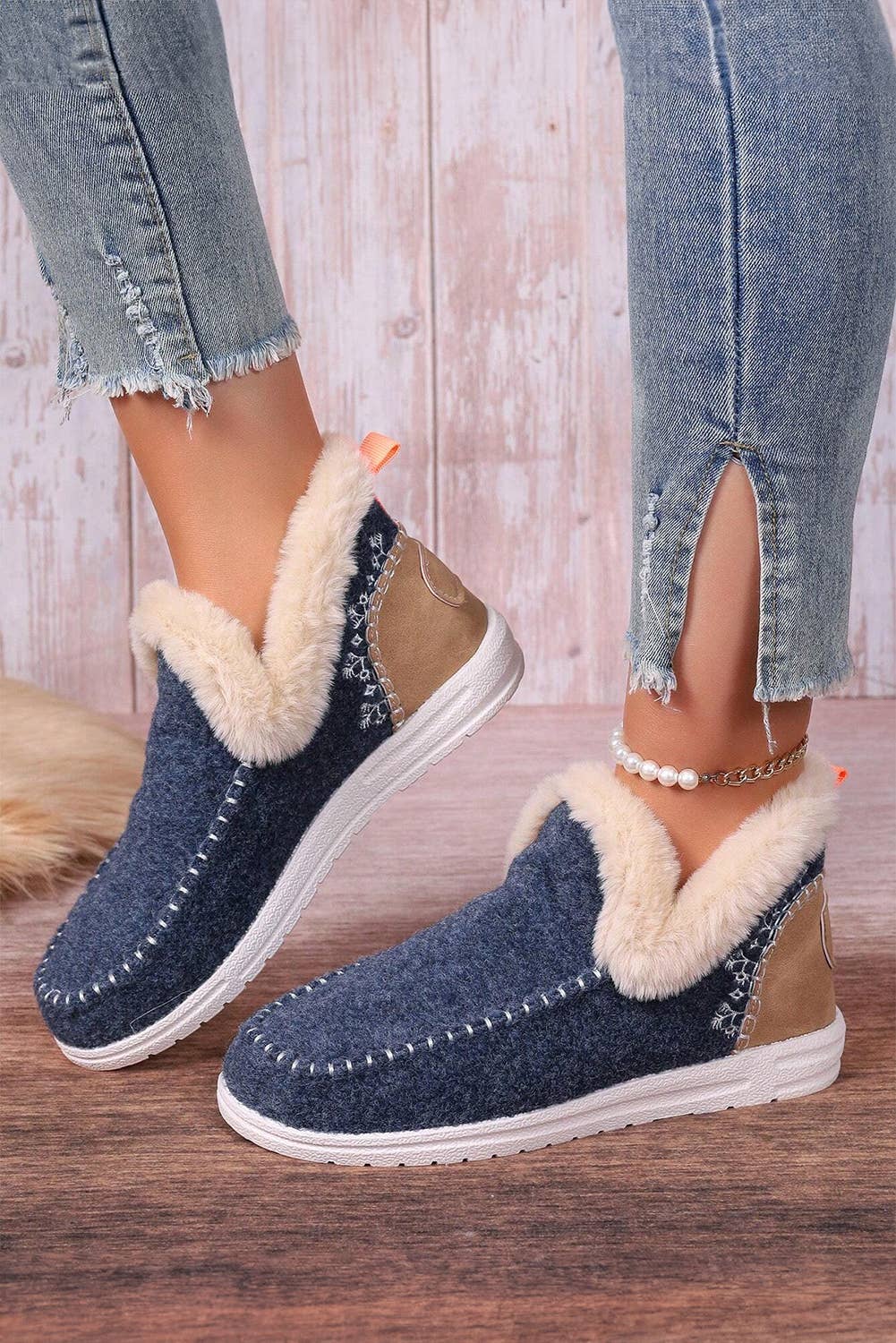 Suede Stitching Patchwork Plush Lined Anklet Boots: Beige / (US 8)39