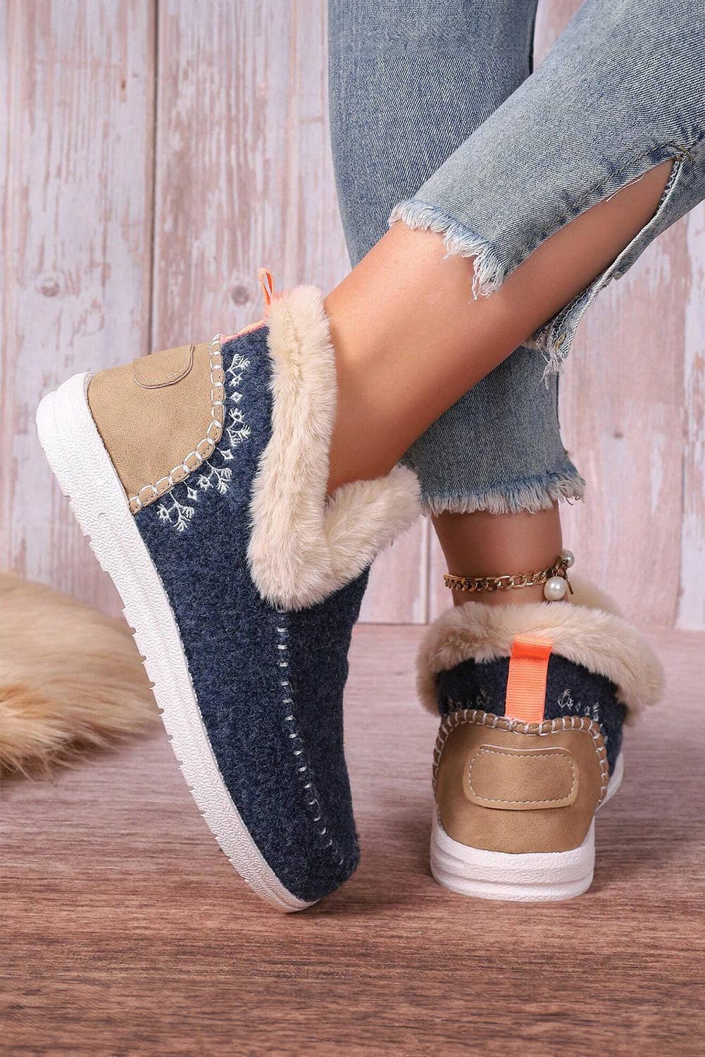Suede Stitching Patchwork Plush Lined Anklet Boots: Beige / (US 7)38