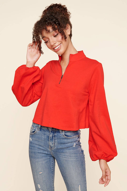 Deanna Half Zip Crop Top-Red