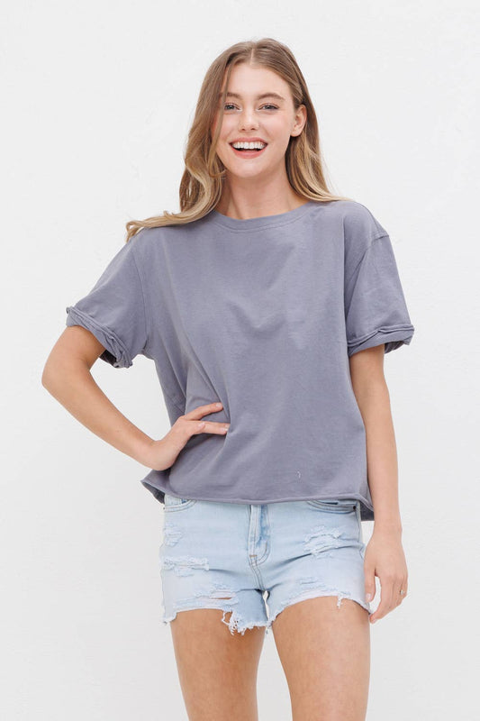 Rough Edge Cropped Tee-NAVY- FINAL SALE