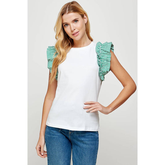 Ruffled and Striped Contrast Knit Top