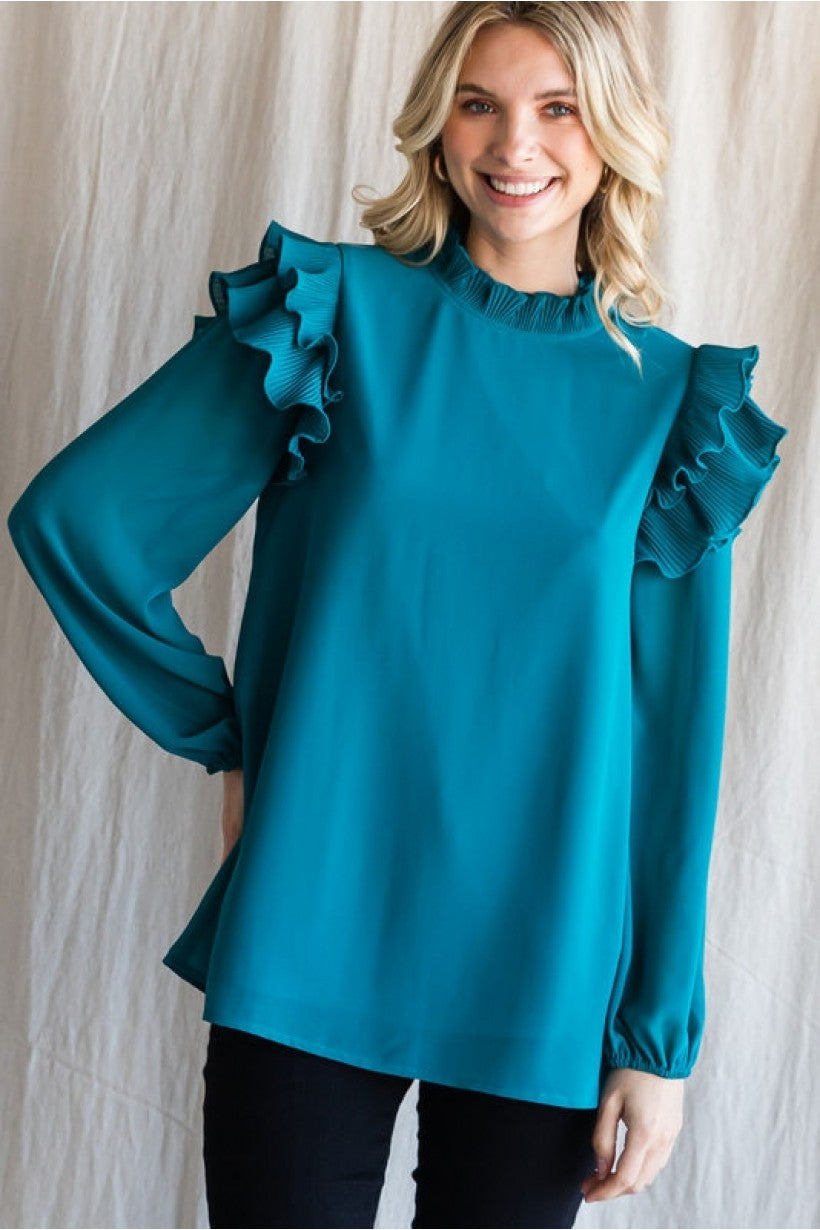 Teal Ruffle Shoulder Top