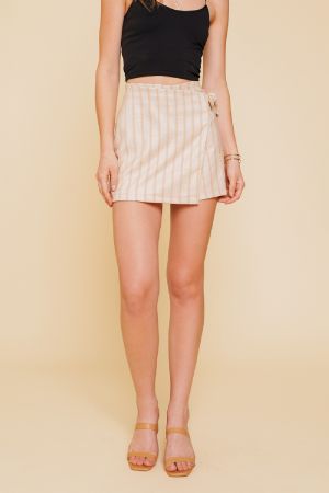 Striped Linen Side Tie Skort- Oat/Peach- FINAL SALE